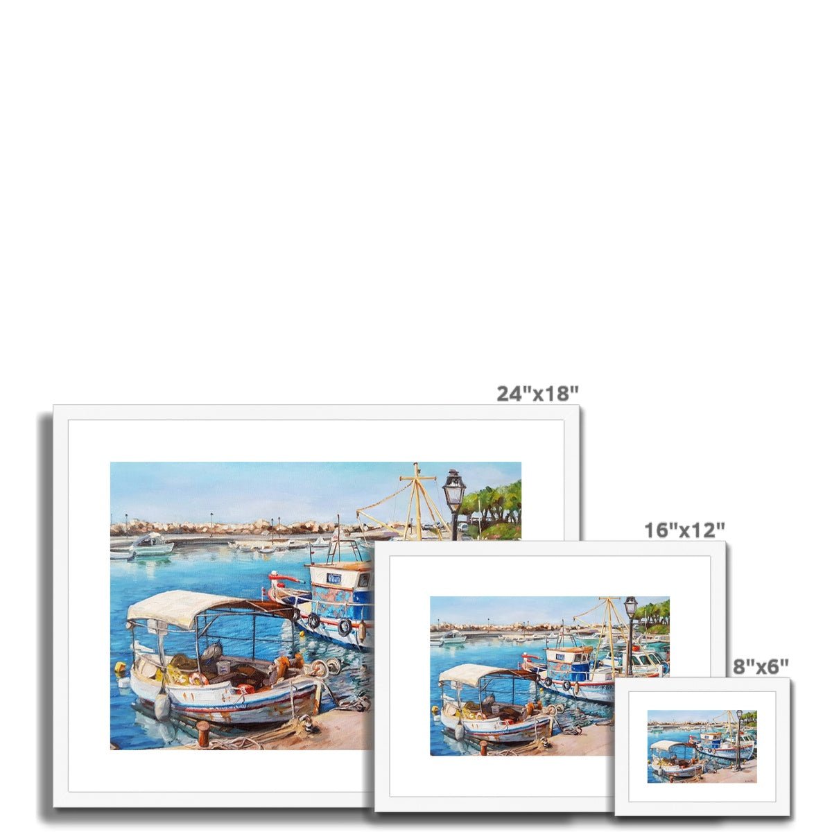 Nea Chora Marina Fishing Boats | Print Prints Harriet Lawless Artist greece 16"x12" / 41x30cm Natural Frame