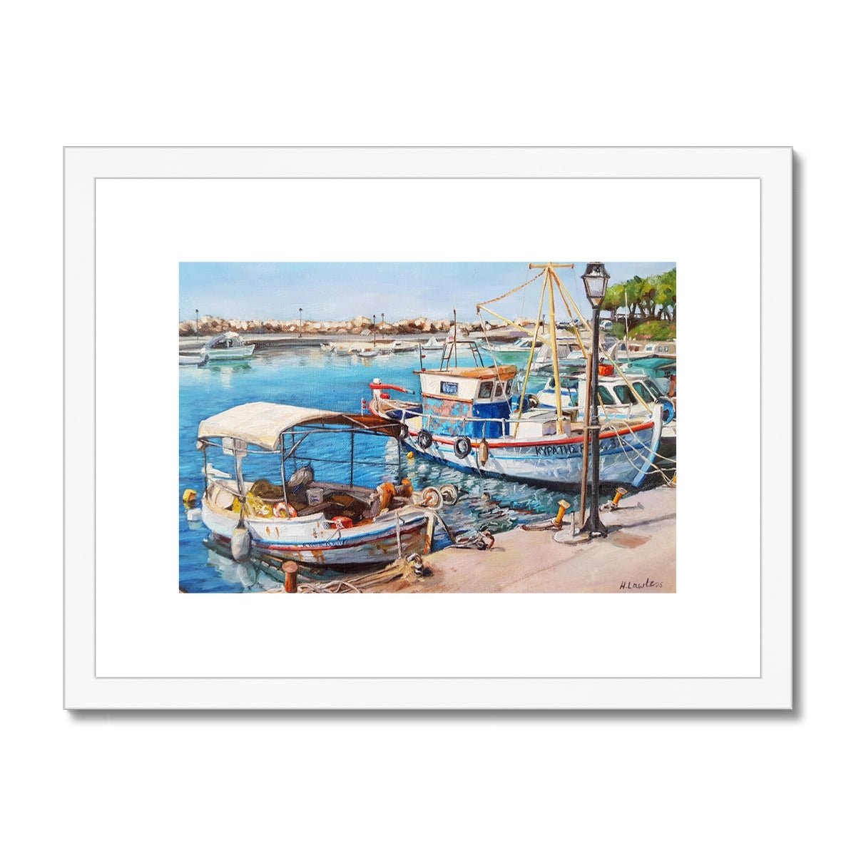 Nea Chora Marina Fishing Boats | Print Prints Harriet Lawless Artist greece 16"x12" / 41x30cm White Frame