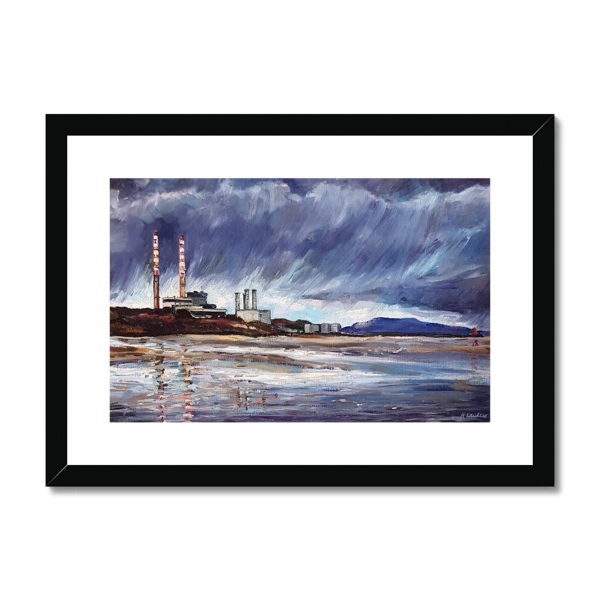 Poolbeg Chimneys With Moody Dark Clouds | Print Prints Harriet Lawless Artist ireland rainy A3 / 16.5"x12" Black Frame