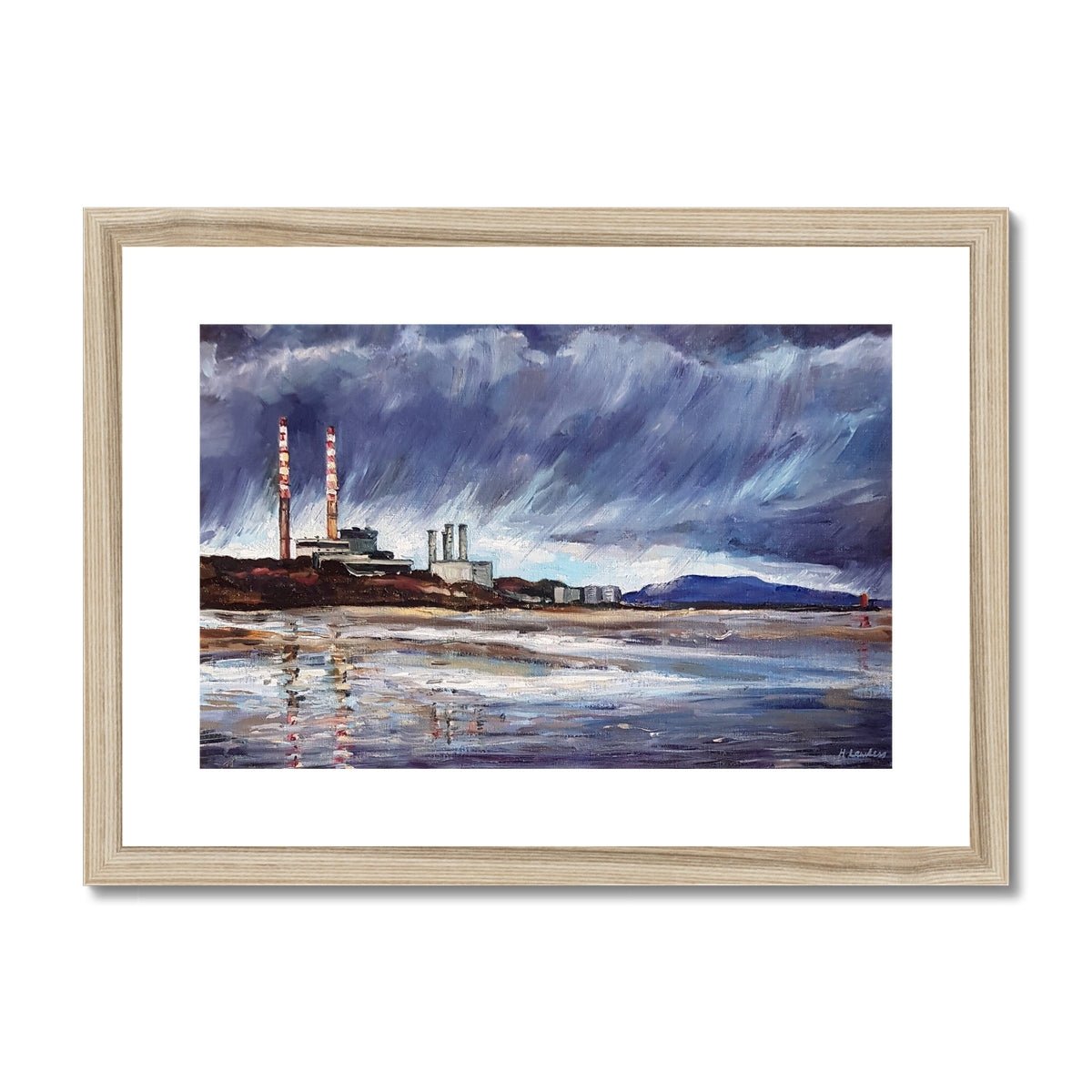 Poolbeg Chimneys With Moody Dark Clouds | Print Prints Harriet Lawless Artist ireland rainy A3 / 16.5"x12" Natural Frame