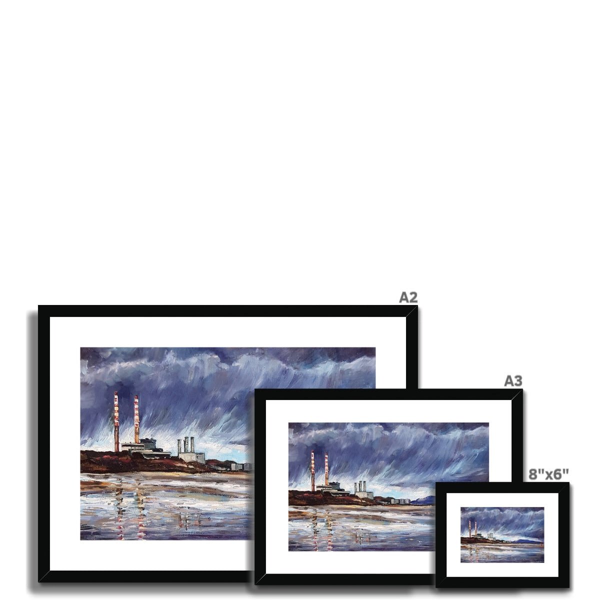 Poolbeg Chimneys With Moody Dark Clouds | Print Prints Harriet Lawless Artist ireland rainy A3 / 16.5"x12" Natural Frame