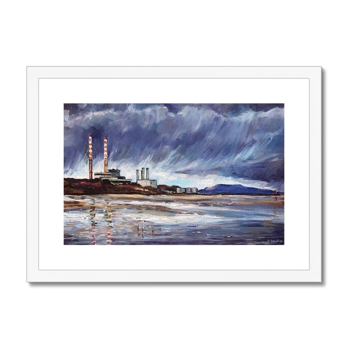 Poolbeg Chimneys With Moody Dark Clouds | Print Prints Harriet Lawless Artist ireland rainy A3 / 16.5"x12" White Frame