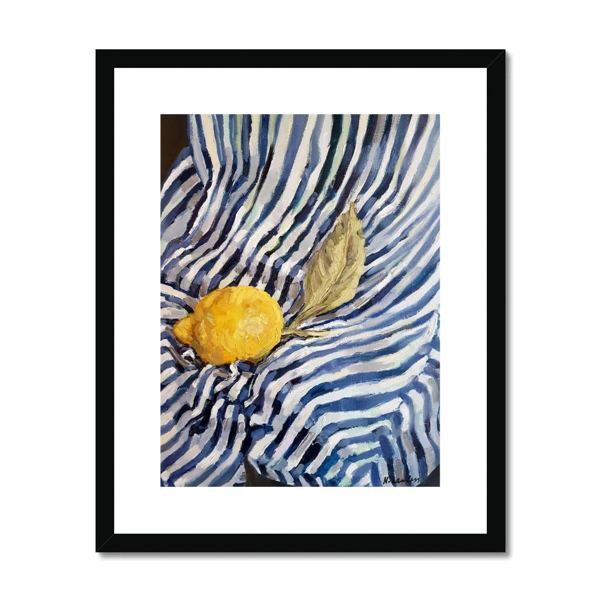 Sorrento Lemon On Stripes | Print Prints Harriet Lawless Artist fruit italy still life 16"x20" / 41x51cm Black Frame