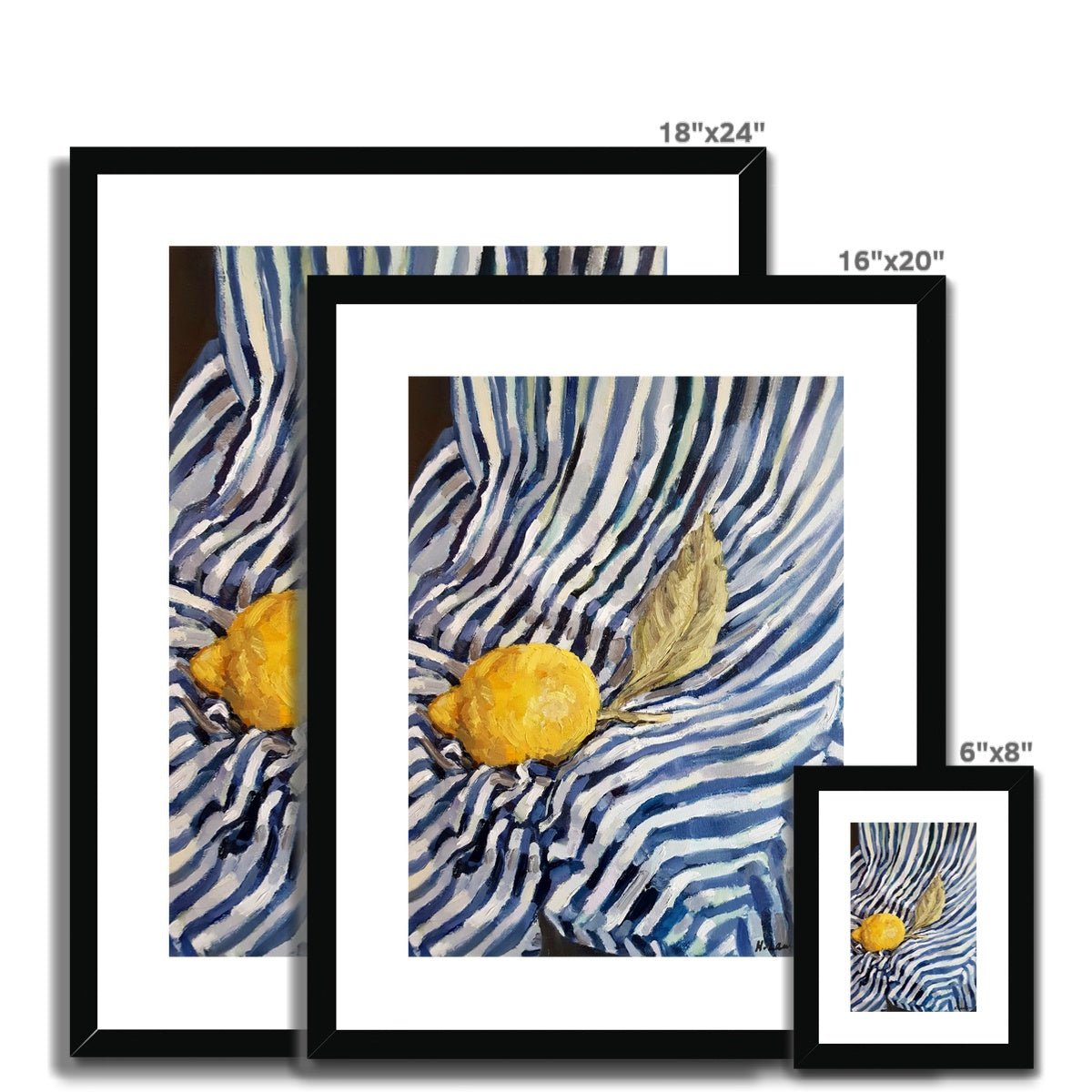 Sorrento Lemon On Stripes | Print Prints Harriet Lawless Artist fruit italy still life 16"x20" / 41x51cm Natural Frame