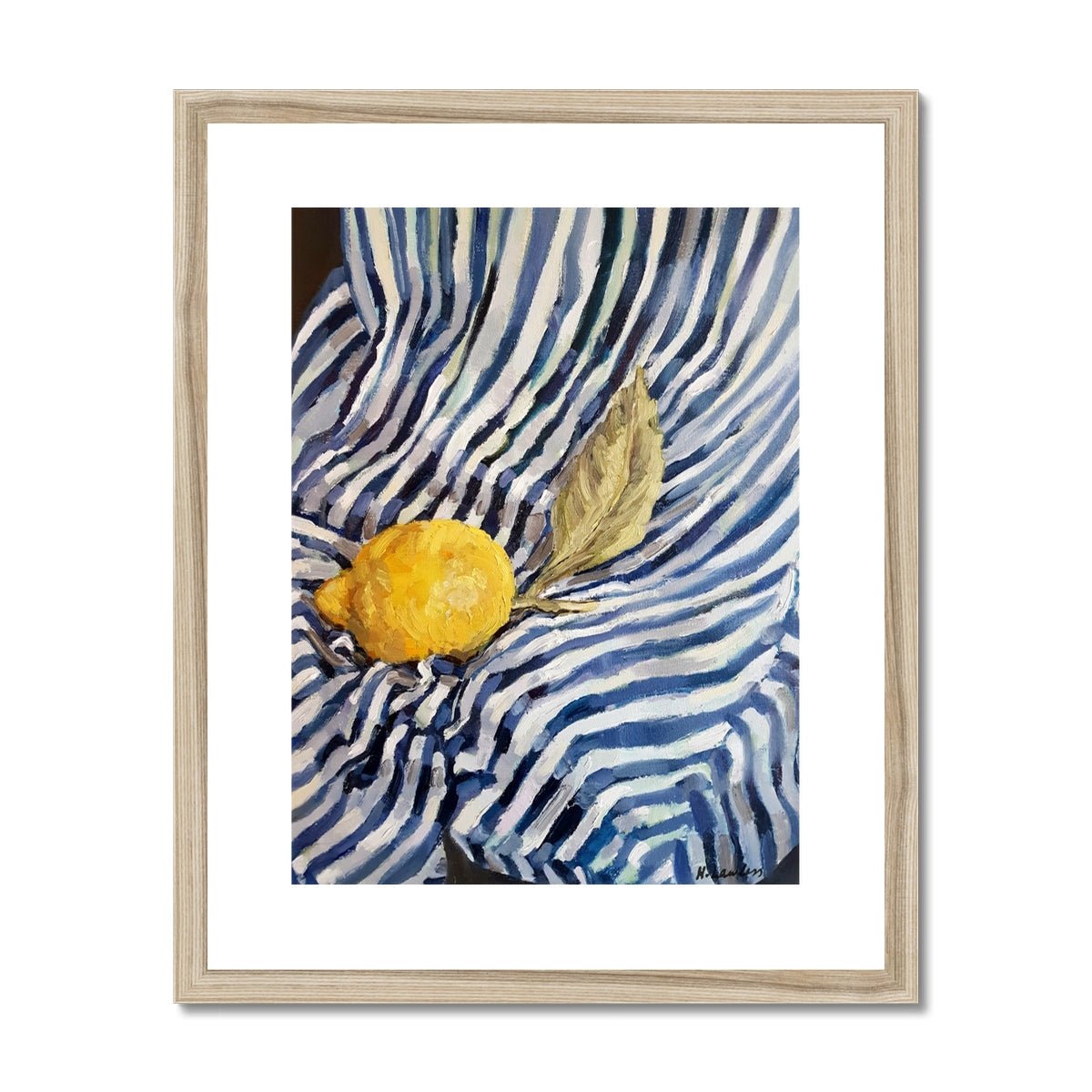 Sorrento Lemon On Stripes | Print Prints Harriet Lawless Artist fruit italy still life 16"x20" / 41x51cm Natural Frame