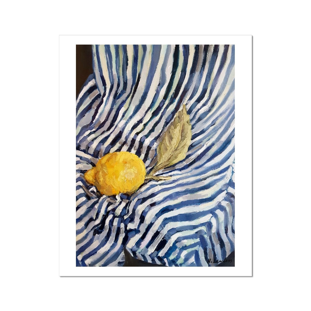 Sorrento Lemon On Stripes | Print Prints Harriet Lawless Artist fruit italy still life 16"x20" / 41x51cm Unframed