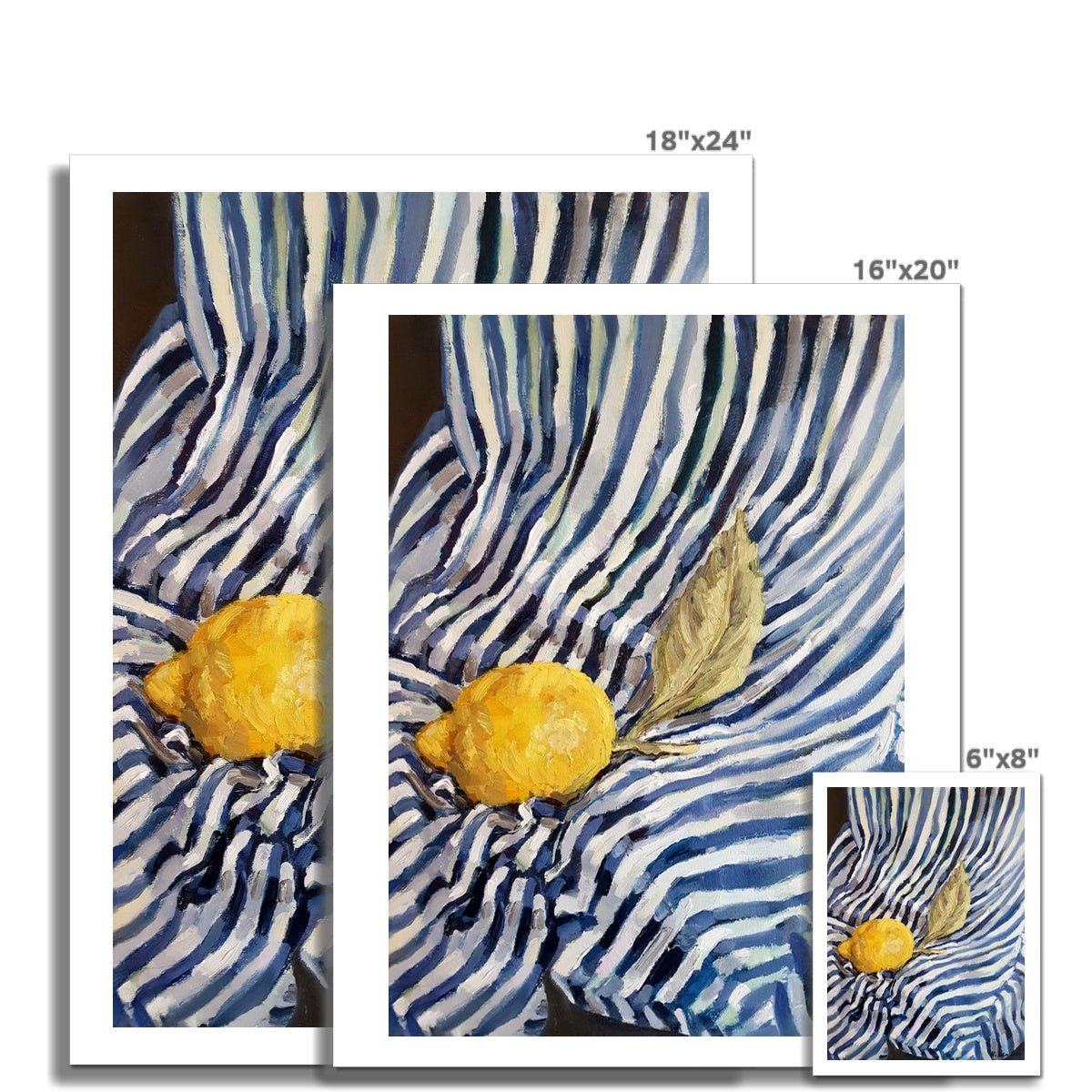 Sorrento Lemon On Stripes | Print Prints Harriet Lawless Artist fruit italy still life 16"x20" / 41x51cm Unframed