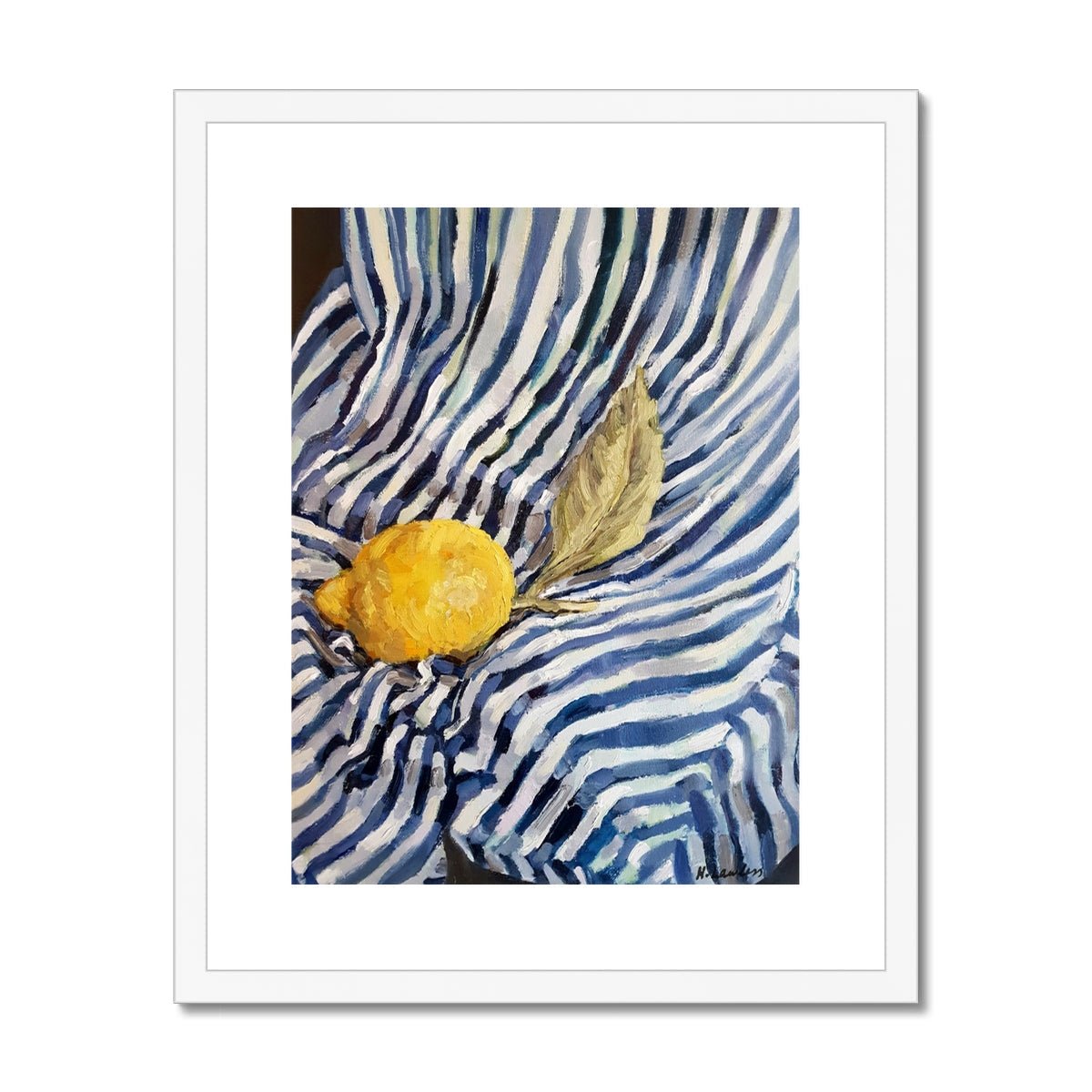 Sorrento Lemon On Stripes | Print Prints Harriet Lawless Artist fruit italy still life 16"x20" / 41x51cm White Frame