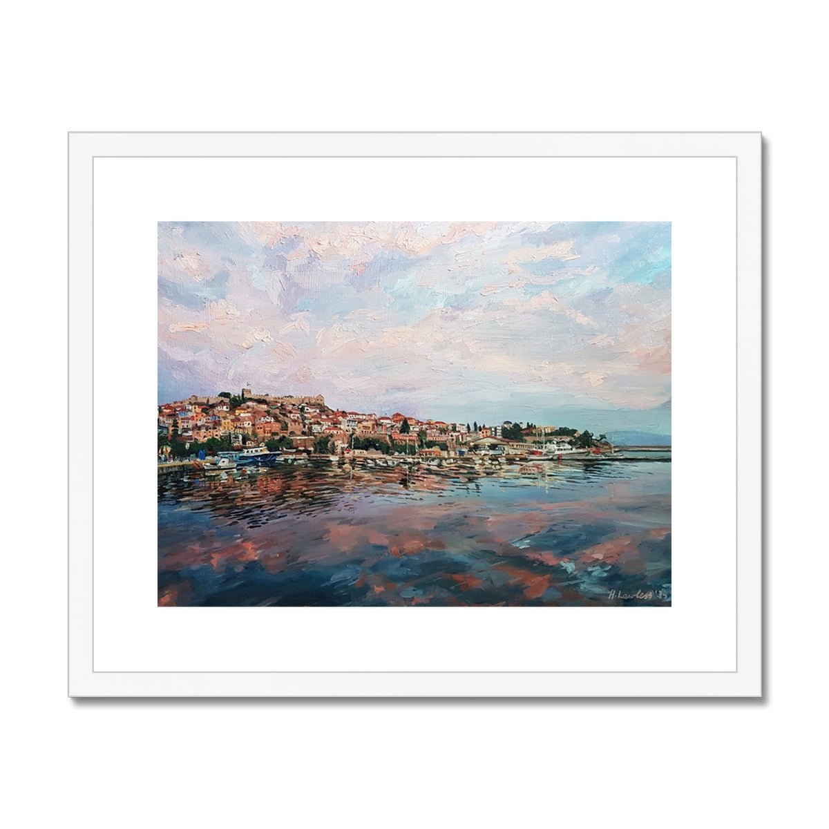 Sunset Hues Over Panagia, Kavala | Print Prints Harriet Lawless Artist greece sunset 20"x16" / 51x41cm White Frame