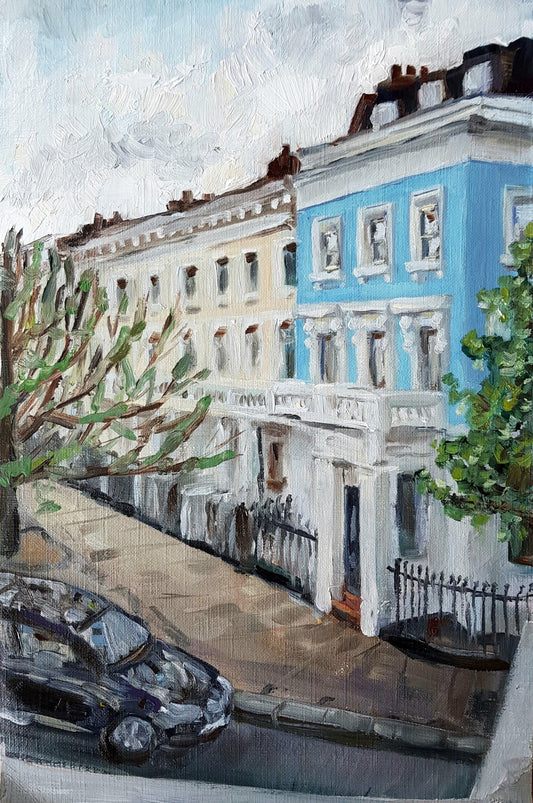 Blue Stucco Terrace House At Dusk Original Paintings Harriet Lawless Artist england