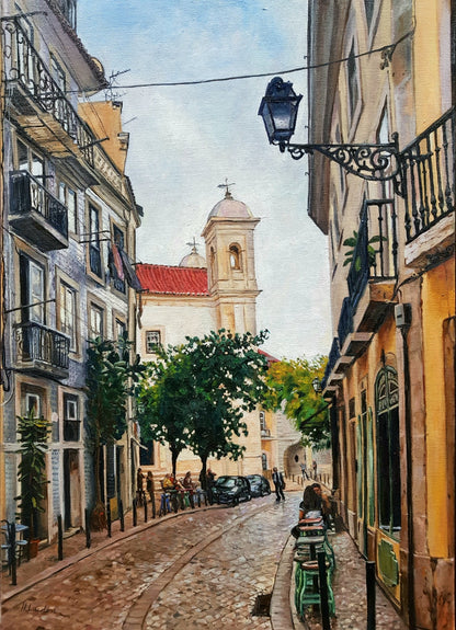 Early Afternoon on Rua de São Cristóvão in Lisbon Original Paintings Harriet Lawless Artist portugal