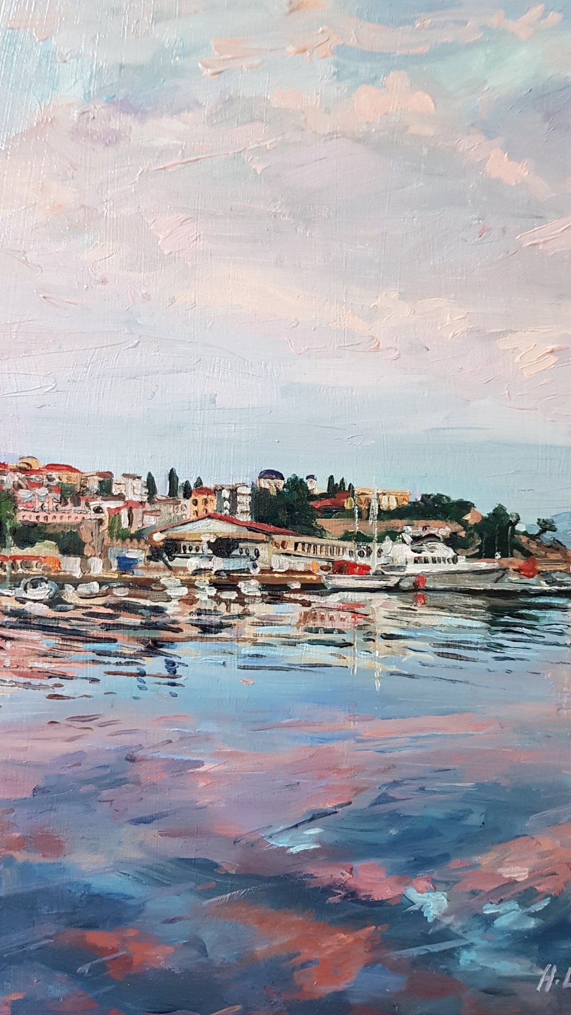 Harbour Glow; Sunset Hues Over Panagia, Kavala | Original Painting Original Paintings Harriet Lawless Artist greece