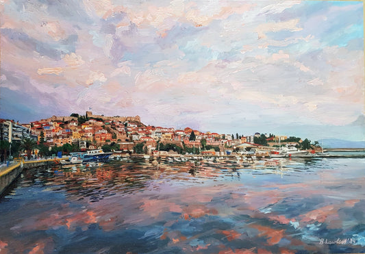 Harbour Glow; Sunset Hues Over Panagia, Kavala | Original Painting Original Paintings Harriet Lawless Artist greece
