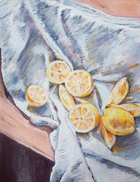Lemon Still Life On A Blue Cloth Original Paintings Harriet Lawless Artist fruit still life