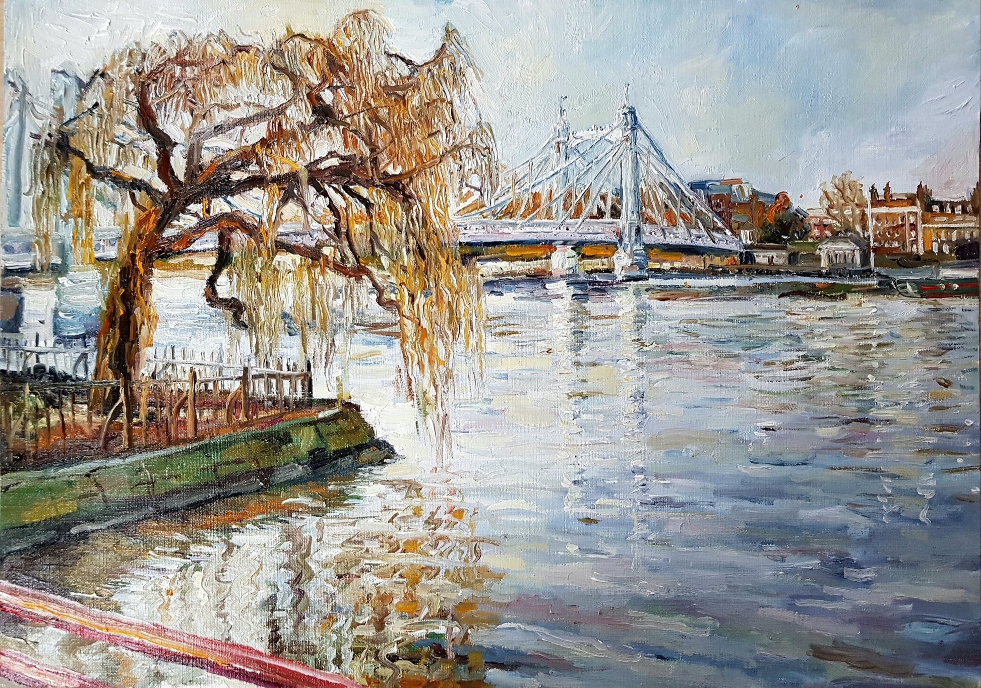 London Thames View From Battersea Park To Albert Bridge Original Paintings Harriet Lawless Artist england