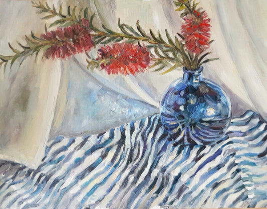 Moreton Place Bottle Brush, In A Blue Vase Original Paintings Harriet Lawless Artist australia england flowers