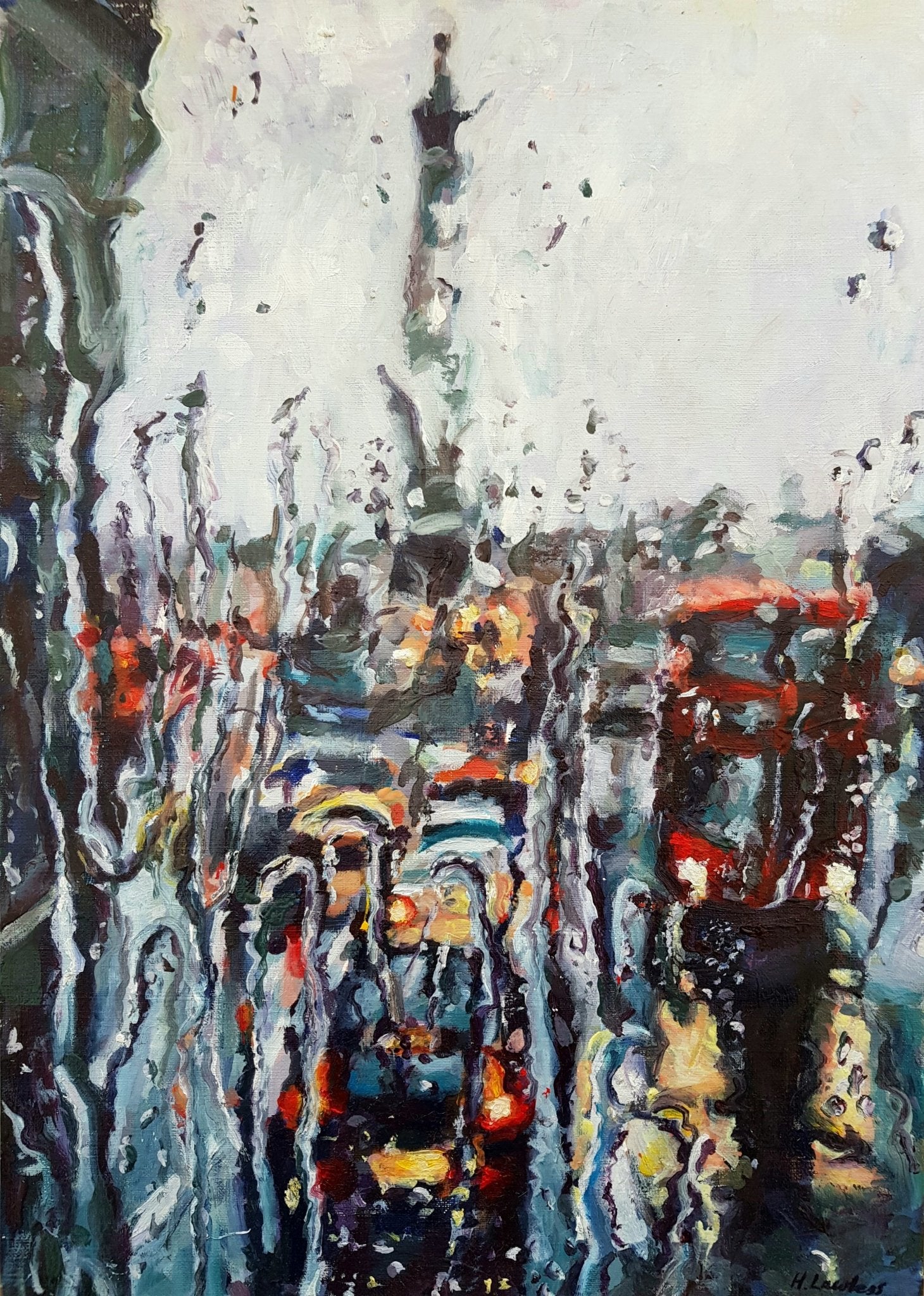 Rainy Window View of Trafalgar Square, London Original Paintings Harriet Lawless Artist england rainy