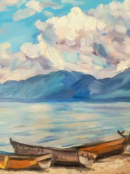 Yellow boats on the shores of Lake Ohrid, Pogradec | Original Painting Original Paintings Harriet Lawless Artist albania