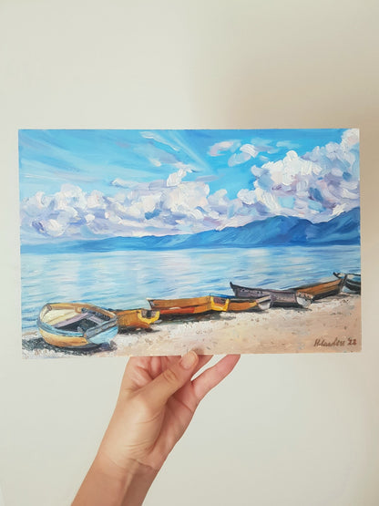 Yellow boats on the shores of Lake Ohrid, Pogradec | Original Painting Original Paintings Harriet Lawless Artist albania