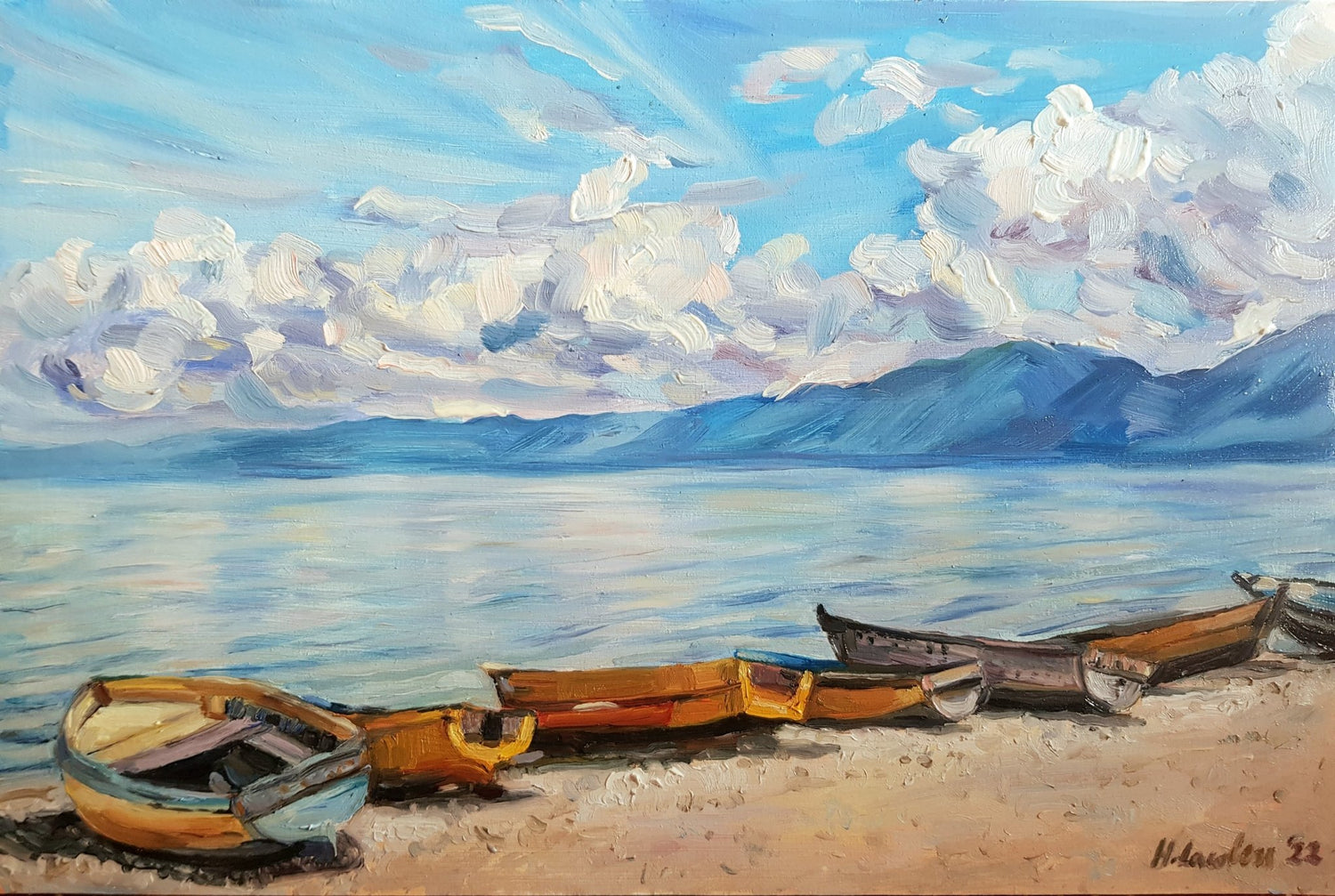 Yellow boats on the shores of Lake Ohrid, Pogradec | Original Painting Original Paintings Harriet Lawless Artist albania